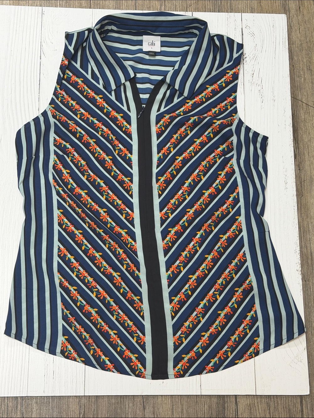 CAbi Chiffon Zipper Chevron Floral Sleeveless Top - Navy/Blue